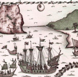 Drawing of expedition led by Antonio Mores de Sousa that set sail through the Amazon basin from the second half of the 16th century.